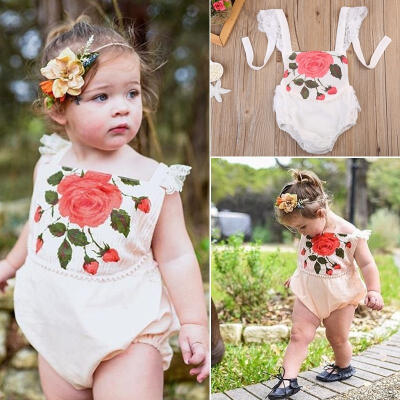 

Toddler Infant Baby Girl Rose Print Romper Lace Outfits Flying Sleeve Clothes Outfits 0-24M