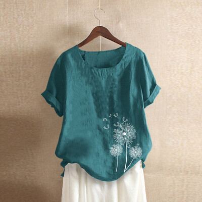 

Roseonmyhand Plus Size Women Short Sleeve Cotton Linen O-Neck Print Blouse Top T-Shirt