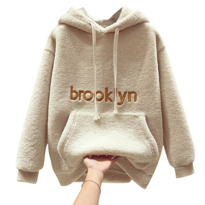 

Women Plush Sweater Letters Embroidered Hat Collar Long Sleeve Casual Warm Winter Autumn Loose Long Thick Tops