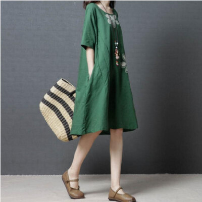 

2188 spring new 2019 Korean version of loose large size womens fashion comfortable cotton round neck dress rose