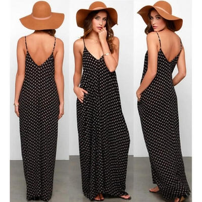 

Fashion Sexy Women&acutes Summer Casual Sleeveless Evening Party Polka Dot Beach Dress Sundress Black