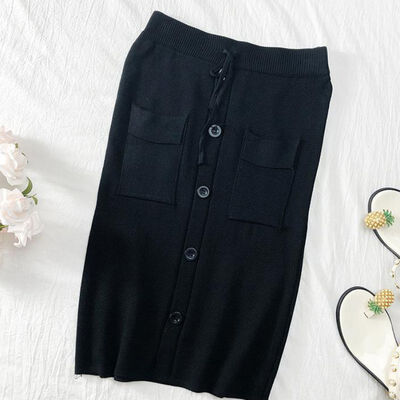 

Women Autumn Knit Sweet Vintage High Waist A-Line Wild Solid Color Bag Hip Skirt