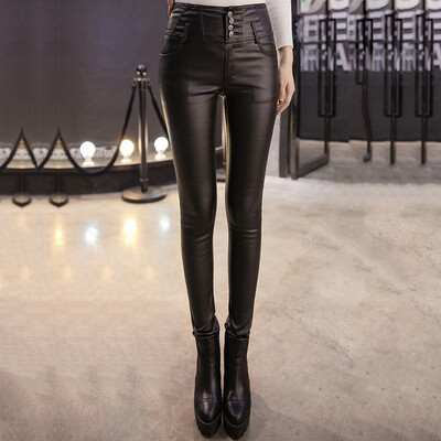 

Autumn Winter Women Tight Leather Long Pants Warm Elastic Trousers Leggings
