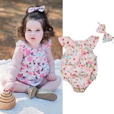 

Newborn Infant Baby Girls Floral Romper Bodysuit Bowknot Hairband Outfit Clothes
