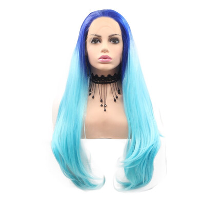 

Amazing Star Lace Frontal Wigs Long Natural Wave Ombre Blue Color Heat Resistant Hand Tied Lace Frontal Synthetic Hair Wigs