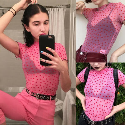 

Women Sheer Mesh Short Sleeve Turtle Neck Crop Top Heart Dots T-Shirt Blouse
