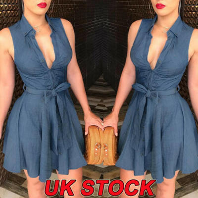 

UK Womens Short Sleeve Denim Mini Dress Ladies Button V Neck Summer Shirt Dress