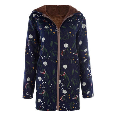 

Winter Jackets Cotton Women Warm Floral Print Pockets Vintage Hooded Coats