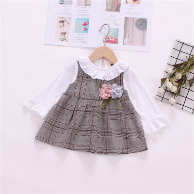 

Autumn Dress Casual Baby Girls Floral Plaid Pattern Long Sleeve Dress Kids Dress