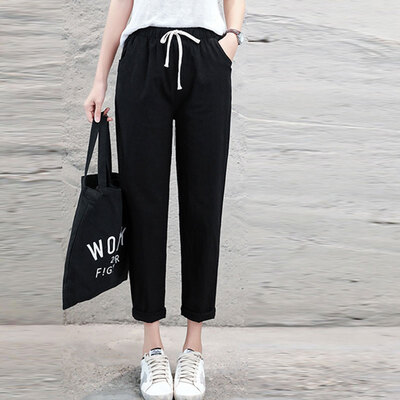 

Women Casual Harajuku Spring Autumn Big Size Long Trousers Solid Elastic Waist Pants Ankle Length Harem Pants