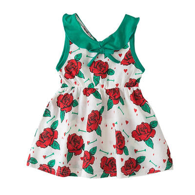 

Summer Sleeveless Bowknot Flower Print Girls Dress Doll Collar Sun Dresses