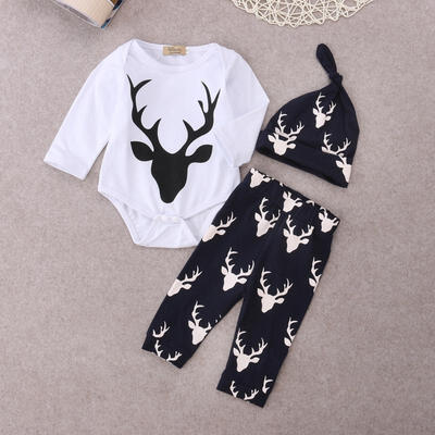 

Newborn Infant Baby Girls Boy Deer Tops T-shirt Long Pants Hat 3pcs Outfits Set