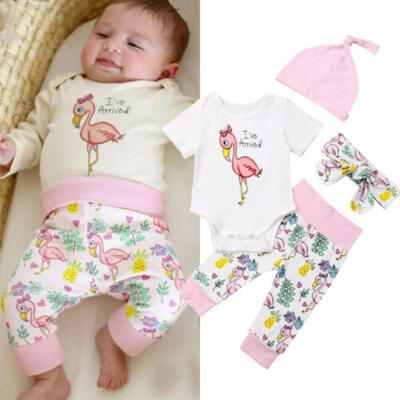 Newborn Baby Girl Flamingo Romper Tops Long Pants Headband Hat Outfits Clothes