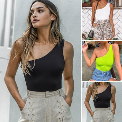 

Women Sexy One Shoulder White Bodycon Casual Romper Jumpsuits Bottoming Shirt US