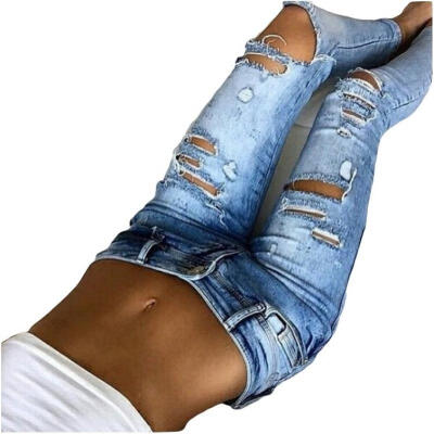 

2017 Fashion Women Ripped Skinny Denim Long Jeans Bodycon Ladies Jeans Pants Trousers