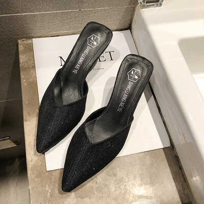 

Small fresh Baotou half slippers 2019 spring Joker new thin-heeled high-heeled slippers women wear bright pointed summer