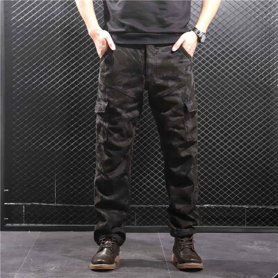 

SQSI 2019 autumn&winter new plus velvet thickening mens slim feet multi-pocket pants straight camouflage pants 4945