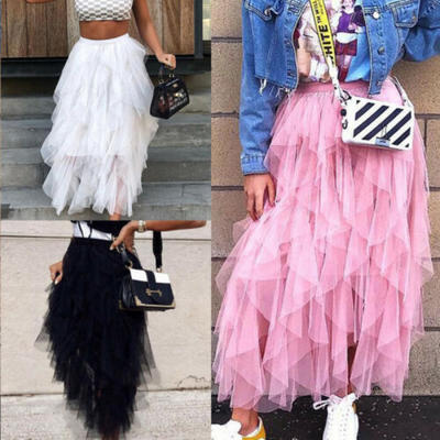 

Women Tulle Mesh Floral High Waist Maxi Dress Layers Pleated Long Skirt Princess