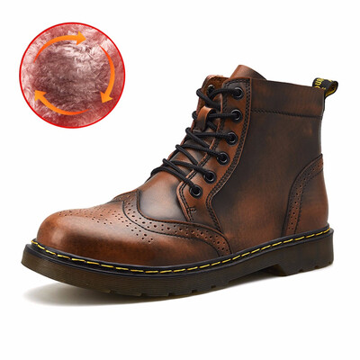 

Mid boots mens leather waterproof Martin boots casual fur lining warm snow boots