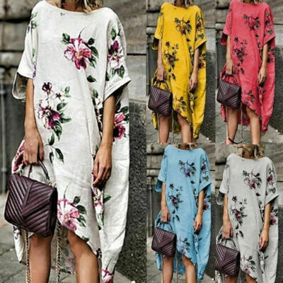 

Women Floral Long Maxi Dress Loose Boho Dresses Casual Beach Holiday Sundress Plus Size