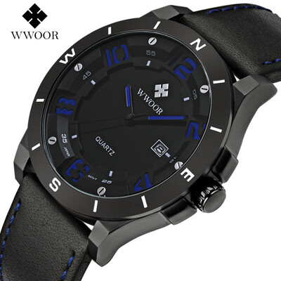 

Mens sports leather strap mens matte black shell calendar waterproof quartz watch