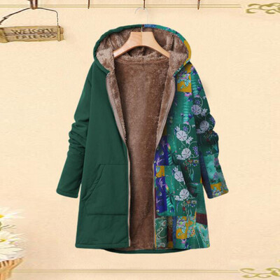 

Toponeto Plus Size Women Winter Warm Printed Pockets Thicker Zipper Hooded Coat Outwear