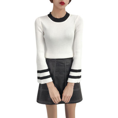 

O-Neck Bump Color Flare Full Sleeve Knit T-Shirt Women Casual Cotton Tops