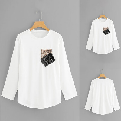 

Nomeni Women Casual Sequined Pocket LooseLong Sleeve Round Neck T-shirt Tops