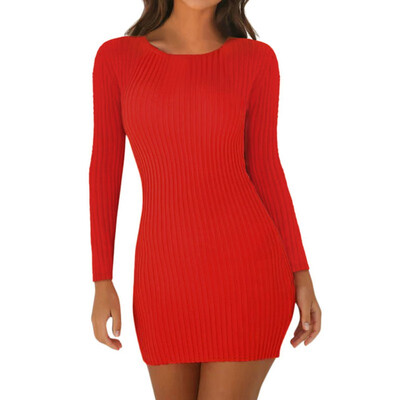 

Women Autumn Winter Sexy Round Neck Long Sleeve Sexy Solid Color Bag Hip Slim Dress