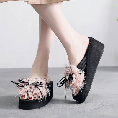 

Rose Summer Women Thick Bottom Sandals Non-Slip Flip Flops Pearl Beach Slippers