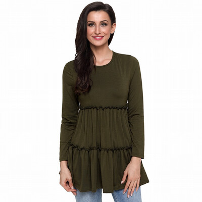 

Solid color round neck long-sleeved dress pendulum three-layer stitching mid-length casual top