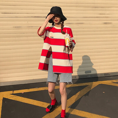 

Korean Style Striped O-Neck T-Shirt Women Casual Loose Half Sleeve Tops Tee Street Wear