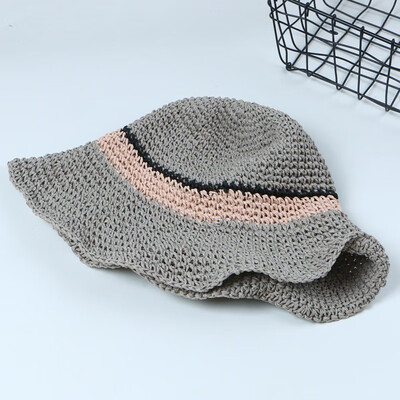 

Spring&summer sun hat summer female ins hand crochet straw hat folding sun hat large brim striped beach hat