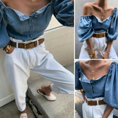 

2019 Women Sexy Off Shoulder Denim Long Sleeve Shirt Loose Blouse Tops T-Shirt