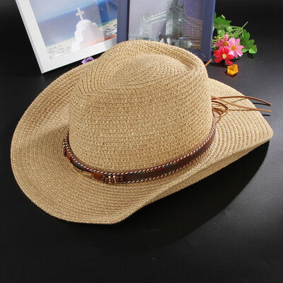 

Tailored Men Women Retro Western Cowboy Riding Hat Leather Belt Wide Brim Cap Hat