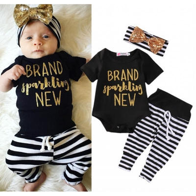 

3PCS Newborn Baby Girls Tops Romper Striped Long Pants Clothes Outfits Set US