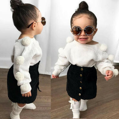 

US Stock Baby Girls Warm Long Sleeve Hairball Knit TopsButton Skirt Outfit Sets