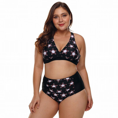 

Strapless Cross Strap Star Print Plus Size High Waist Split Swimsuit