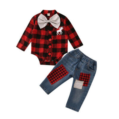 

UK Newborn Baby Boy Plaid Tops Romper Denim Pants Leggings 3PCS Outfits Clothes