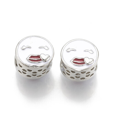 Alloy Enamel European Beads Hollow Large Hole Beads Flat Round with Face Platinum 12x11x9mm Hole 5mm