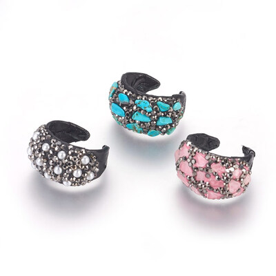 

Leather Imitation Snakeskin Cuff Rings with Polymer Clay Rhinestone Natural Mixed Stone Chips Pearl 1718mm
