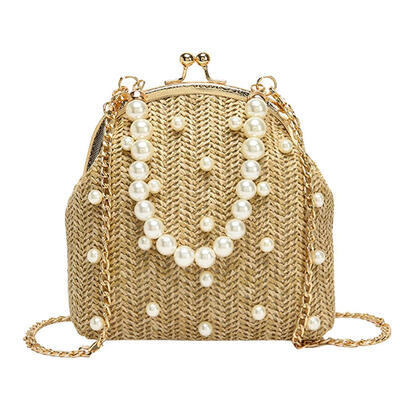 

Straw Woven Shoulder Handbags Women Pearls Decor Chain Small Crossbody Bags