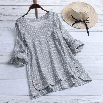 

Nomeni Women Casual Plus Size Cotton Tops Tee T Shirt Vintage Plaid Button Loose Blouse