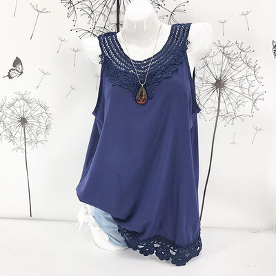 

Boho Women Plus Size Tank Top Solid Floral Crochet Lace Round Neck Sleeveless Long Casual Blouse