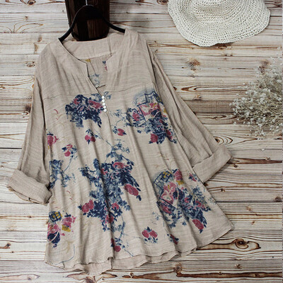 

Womens Cotton Linen Long Sleeve Blouse Tops Ladies V Neck Loose Casual T Shirts
