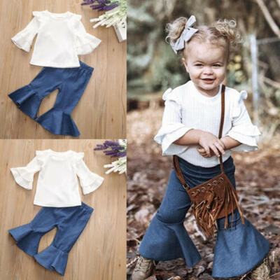 

New Toddler Baby Girl Outfit Set White Trumpet Sleeve TopFlared Trouser Pant CA