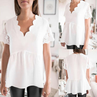 

Women Summer Blouse Tops Short Sleeve Solid Plus Size Sexy White Lace T Shirt