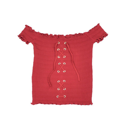 

Womens Sexy Lace Up Solid Ruffles Slash Neck Pullover Knitted Tank Top