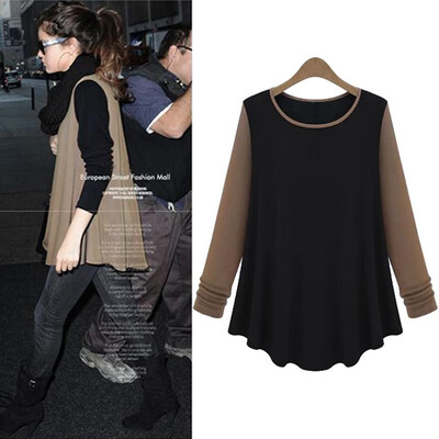 

New Fashion Women T-shirt Contrast Patchwork O-Neck Long Sleeve Casual Blouse Tops Coffee&Black