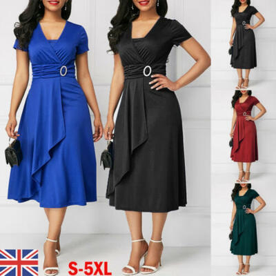 

Ladies Women Plain Asymmetric Midi Dress Summer Casual Short Sleeve Sun Dresses
